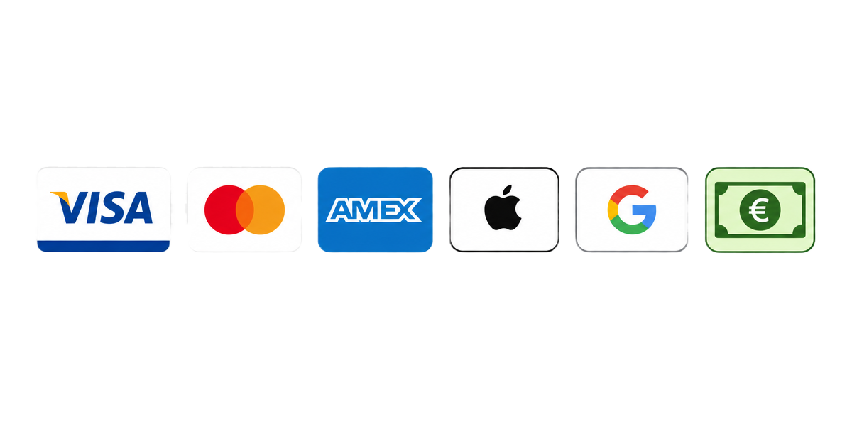 Unterstützte Zahlungsarten: Visa, Mastercard, American Express, Apple Pay, Google Pay und Bargeld in Euro